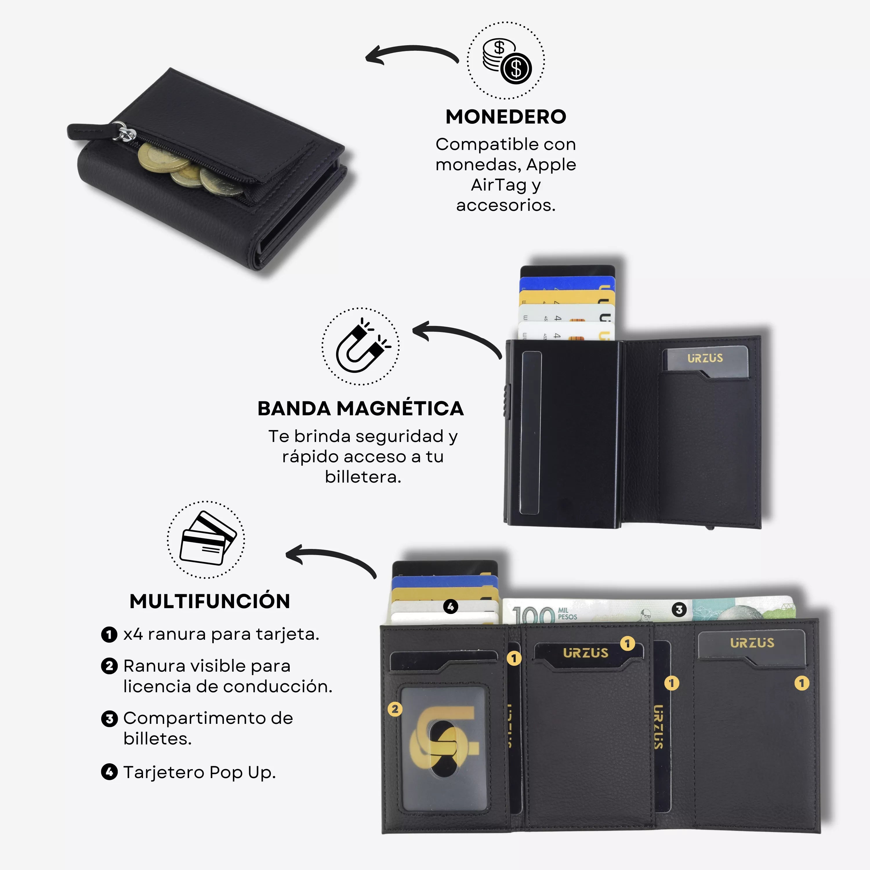 Billetera Anticlonación en cuero Brown US302, características — accesorio compacto y elegante de Urzus