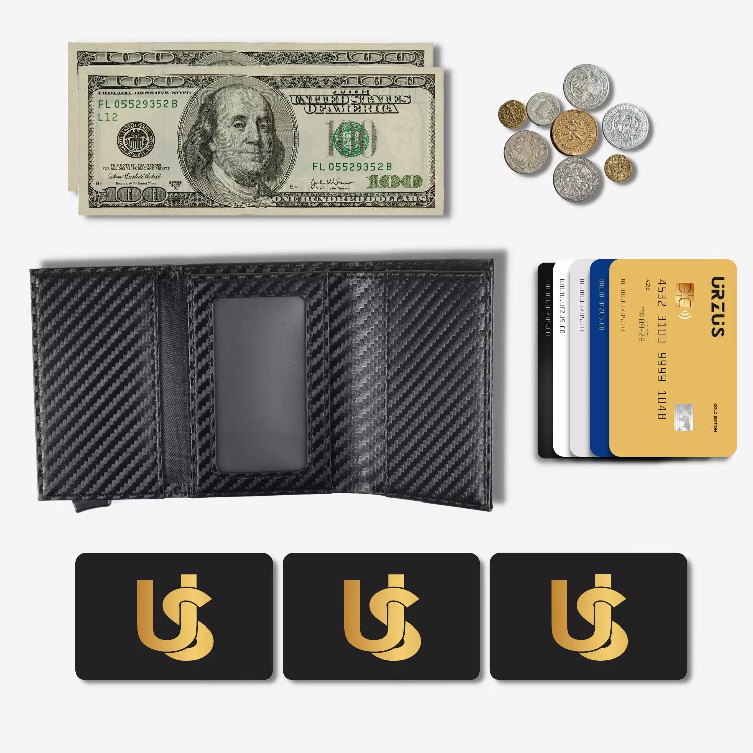Billetera Anticlonación en cuero Carbon US203, vista interior — accesorio compacto y elegante de Urzus