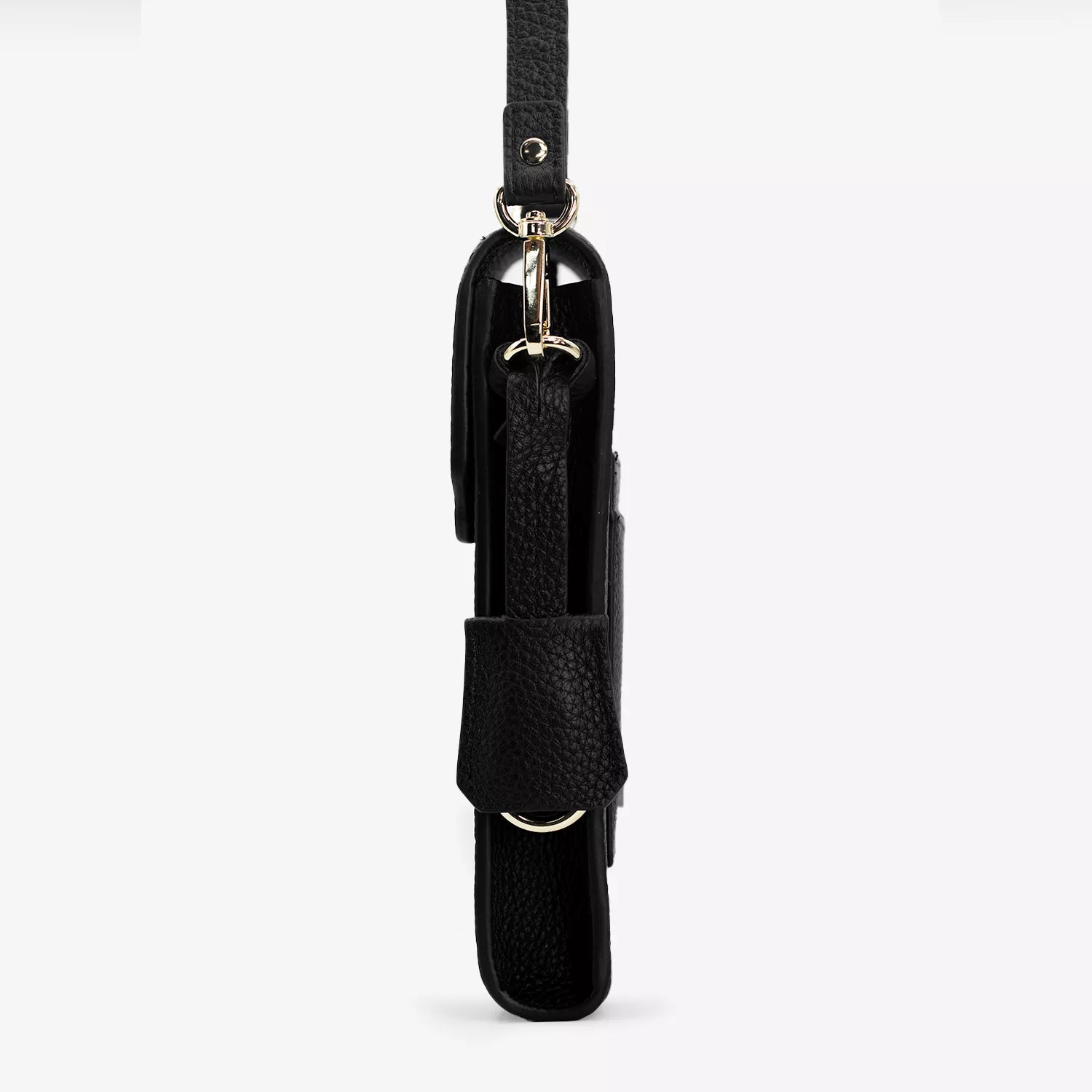 Boreal Bolso Cruzado Compacto en cuero Negro de Urzus, vista lateral — diseñado para llevar billetera y tarjetero con seguridad.