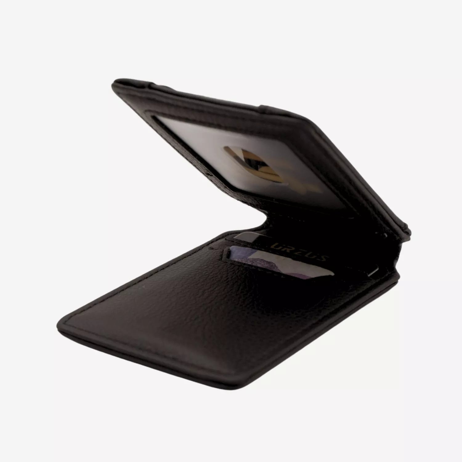 Tarjetero Magnético Anticlonación en cuero Black US100 con MagSafe, vista interior diagonal — ideal para organizar tarjetas, de Urzus