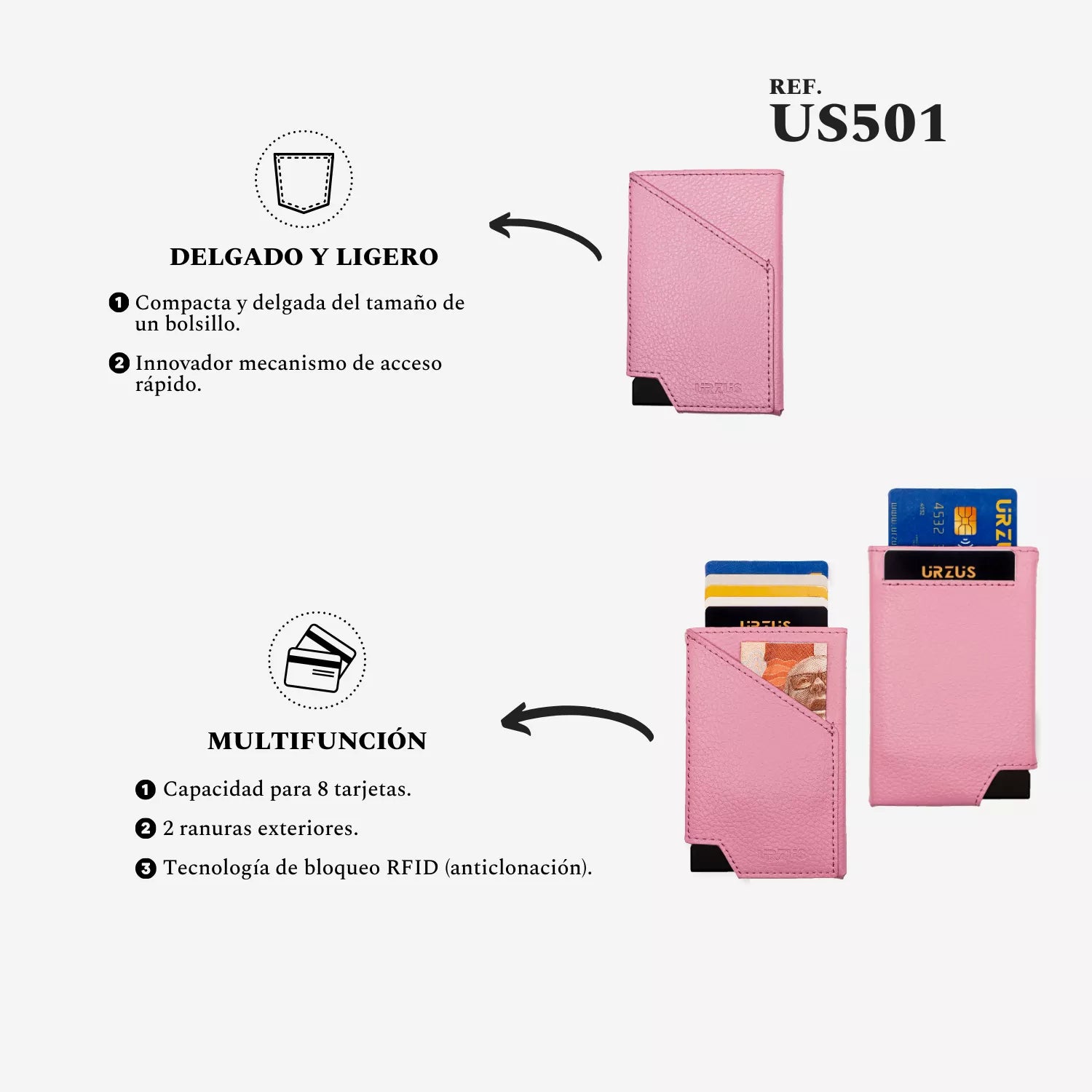 Tarjetero Ultra Delgado con Protección RFID Purple US501, características — ideal para organizar tarjetas, de Urzus